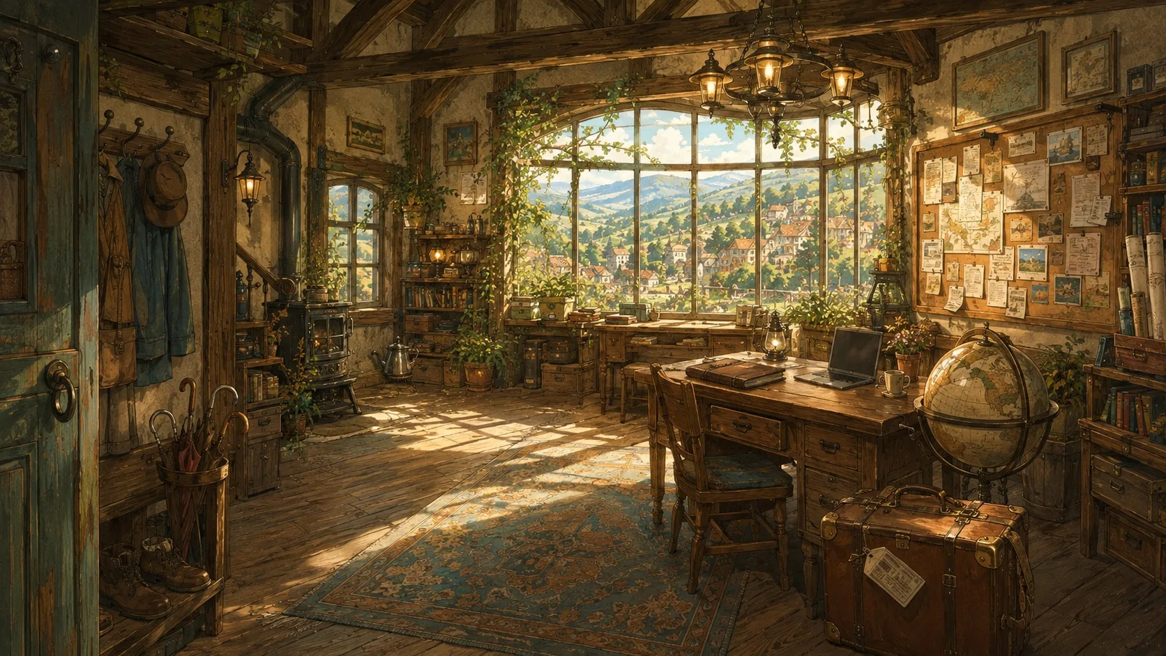 A travelers' lodge with desks, a job noticeboard, a brass globe, maps, and a leather suitcase.